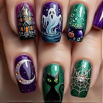 Zestaw do zdobienia paznokci Spooky Season Press On, 24 elementy, Halloweenowe czarne koty, horror, dom, brokat ABS, sztuczne paznokcie, wielokolorowe