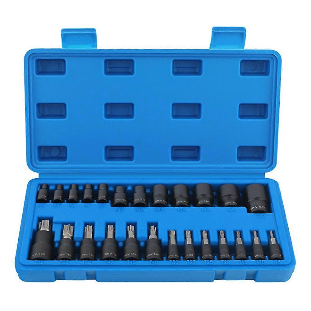 25 Piece Torx Bit and Socket Set, 13 Star Bits (T8- T60) & 12 E-Torx Sockets (E4-E22), Professional Grade Tool Set