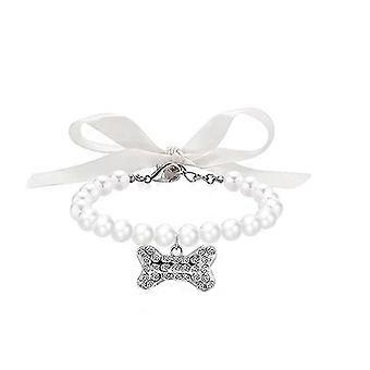 Pet Pearl Collar Necklace with Rhinestone Bone for Cats Dogs, Size S