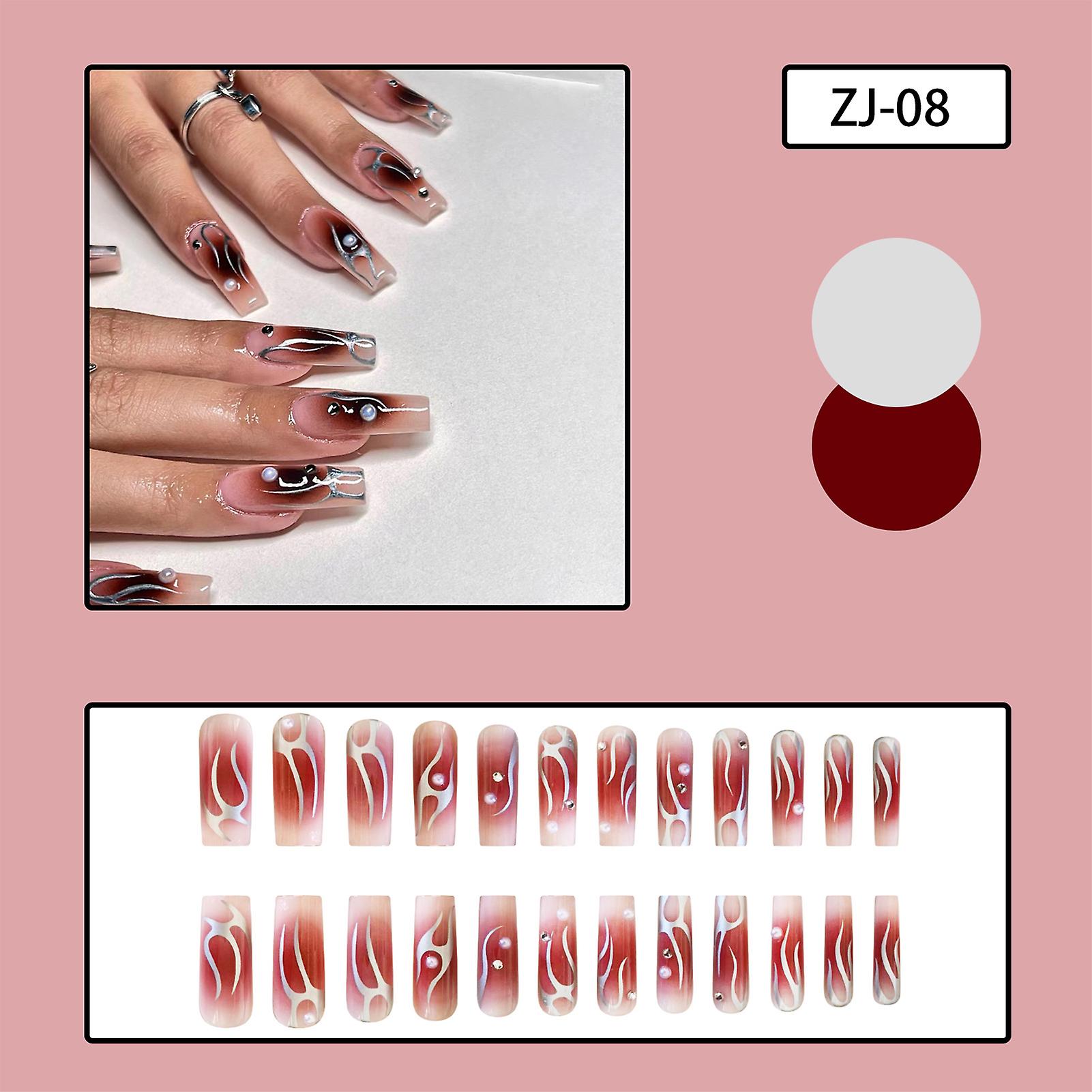 Gradient Long False Nails With Silver Lines Printed Artificial Com