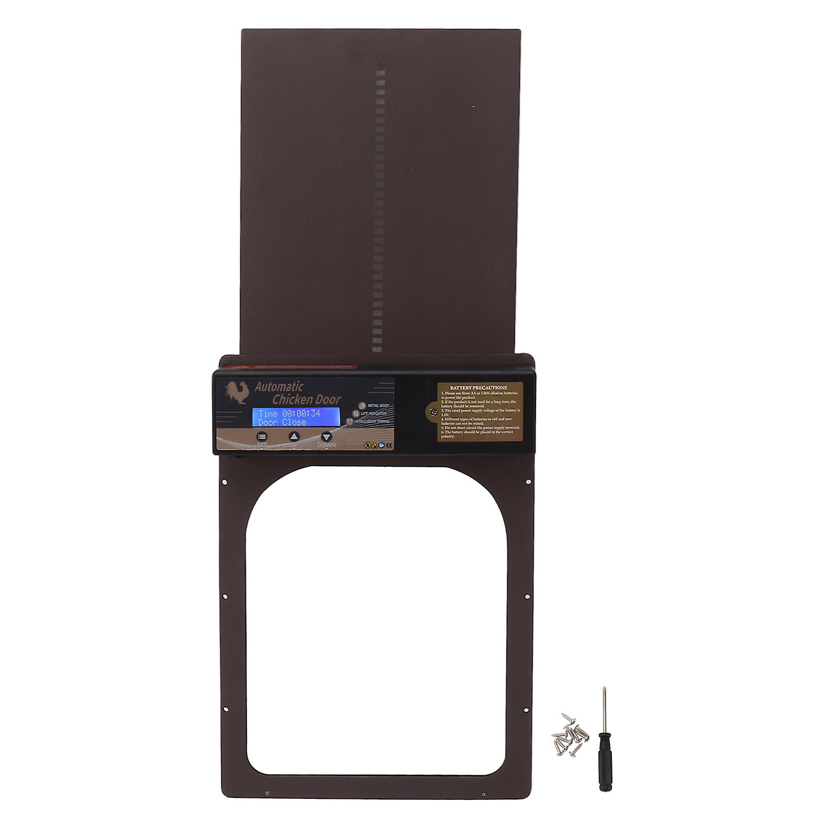 Automatic Chicken Coop Door with Timer, Aluminum Alloy, IP45 Waterproof, LED Display, Battery Powered, for Farm, Cafe, Brown
