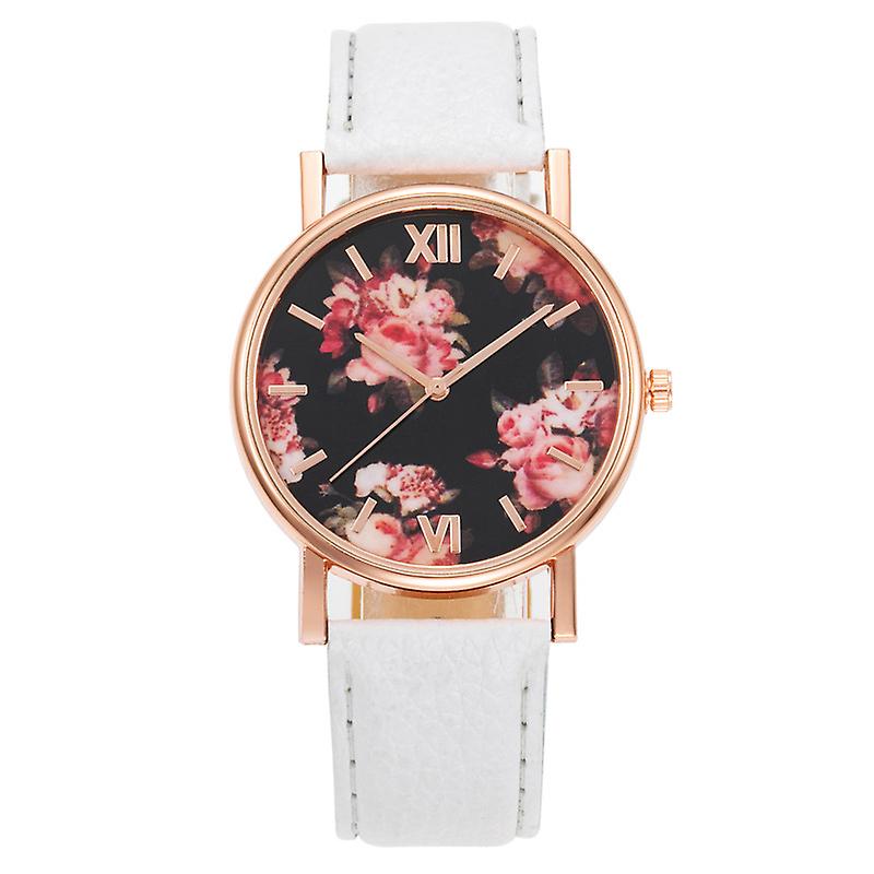 Women's Fashion Flower Pattern Dial Analog Quartz Watch With Imitation Leather Strap