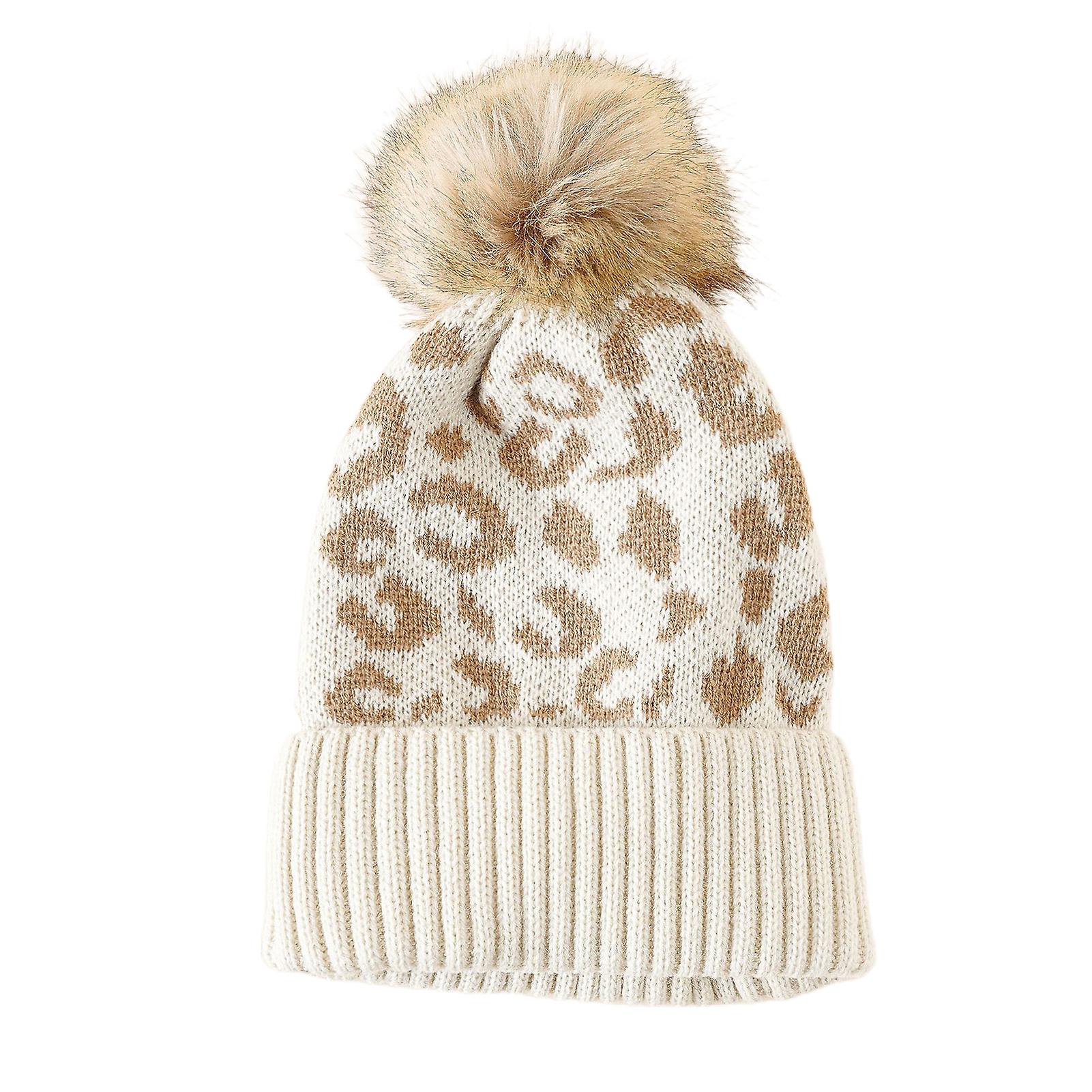 FeiKong Gorro de punto con borde acanalado y protección para las orejas, gorro de punto con estampado de leopardo y bola de felpa para otoño e invierno, para ciclismo