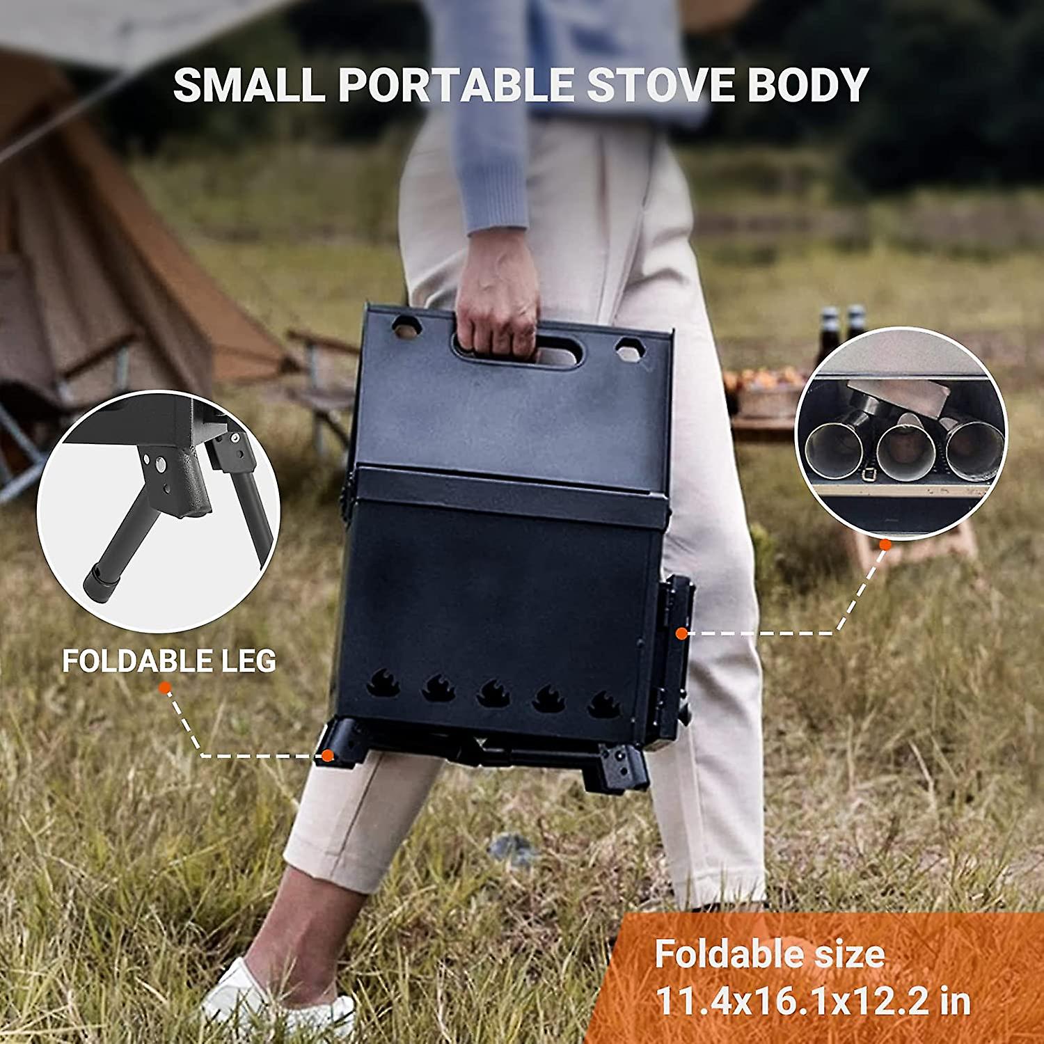 Poêle à Bois De Camping Avec Grille Et 3 Anneaux (43/38/33 Cm) – Acier 1,2mm, 10,45kg, Pour Tente, Barbecue, Jardin