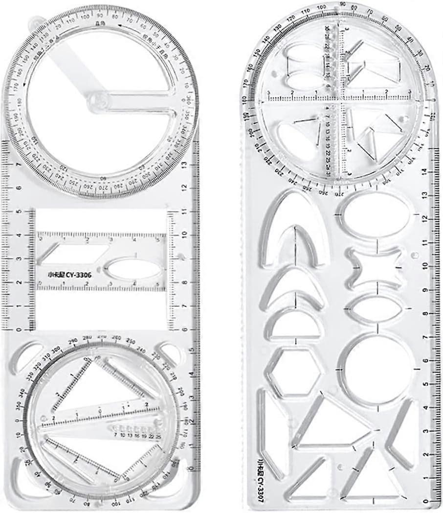 2 Pcs Multifunctional Geometric Rulers, Transparent Plastic Straight Ruler Rotatable Protractor Drawing Template Ruler Graphic Ruler Measuring Tool -Y