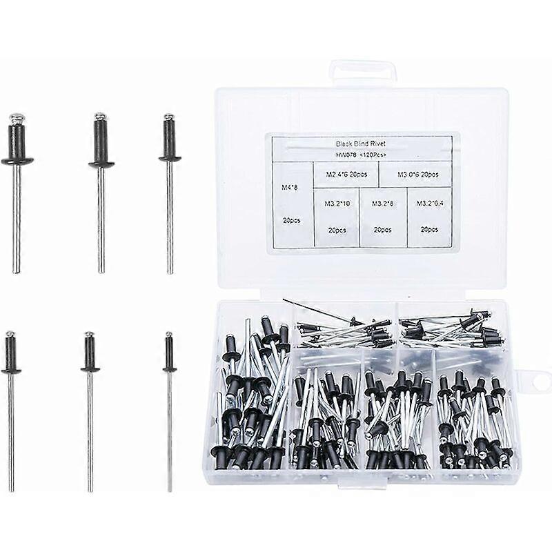 Black Blind Rivet Kit, 120 Pcs Aluminum Blind Rivet Pop Rivet Assortment for Construction, Machinery, Electrical Appliances, Furniture(M2.4/M3.0/M3.2)