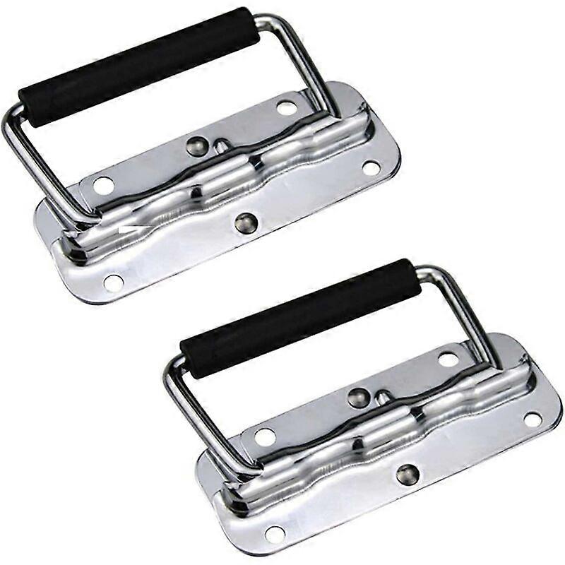 2 Stainless Steel Handles, Spring Loaded Flip Handle, Metal Boot Handle for Tool Chest Storage Chest with Black PVC Handle -