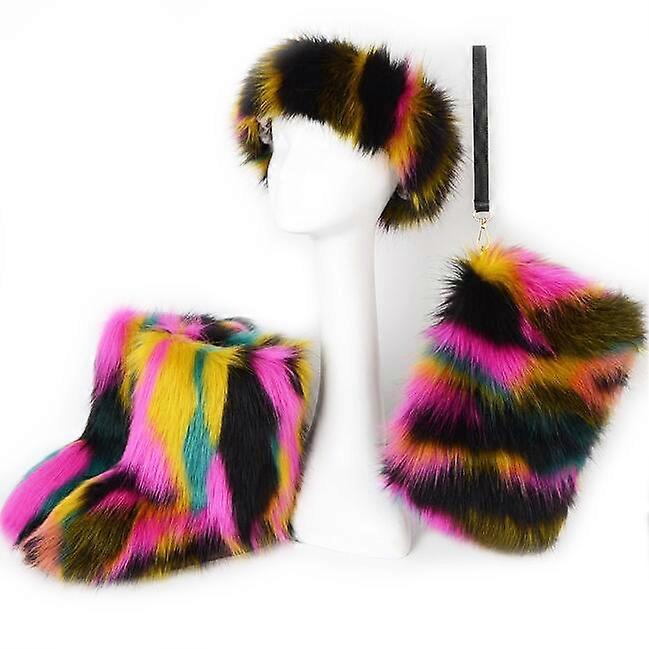 MIMIGO Three Piece Snow Boots - Hat, Boots, Bag. Faux Fox Fur Fabric. Free Size Women Fur Hat, Mid Calf Boots Leather Fur Snow Boots, Rectangular Fur
