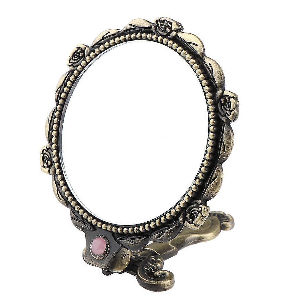 Retro Handheld Round Makeup Countertop Folding Travel Vanity Compact Mirror - Golden