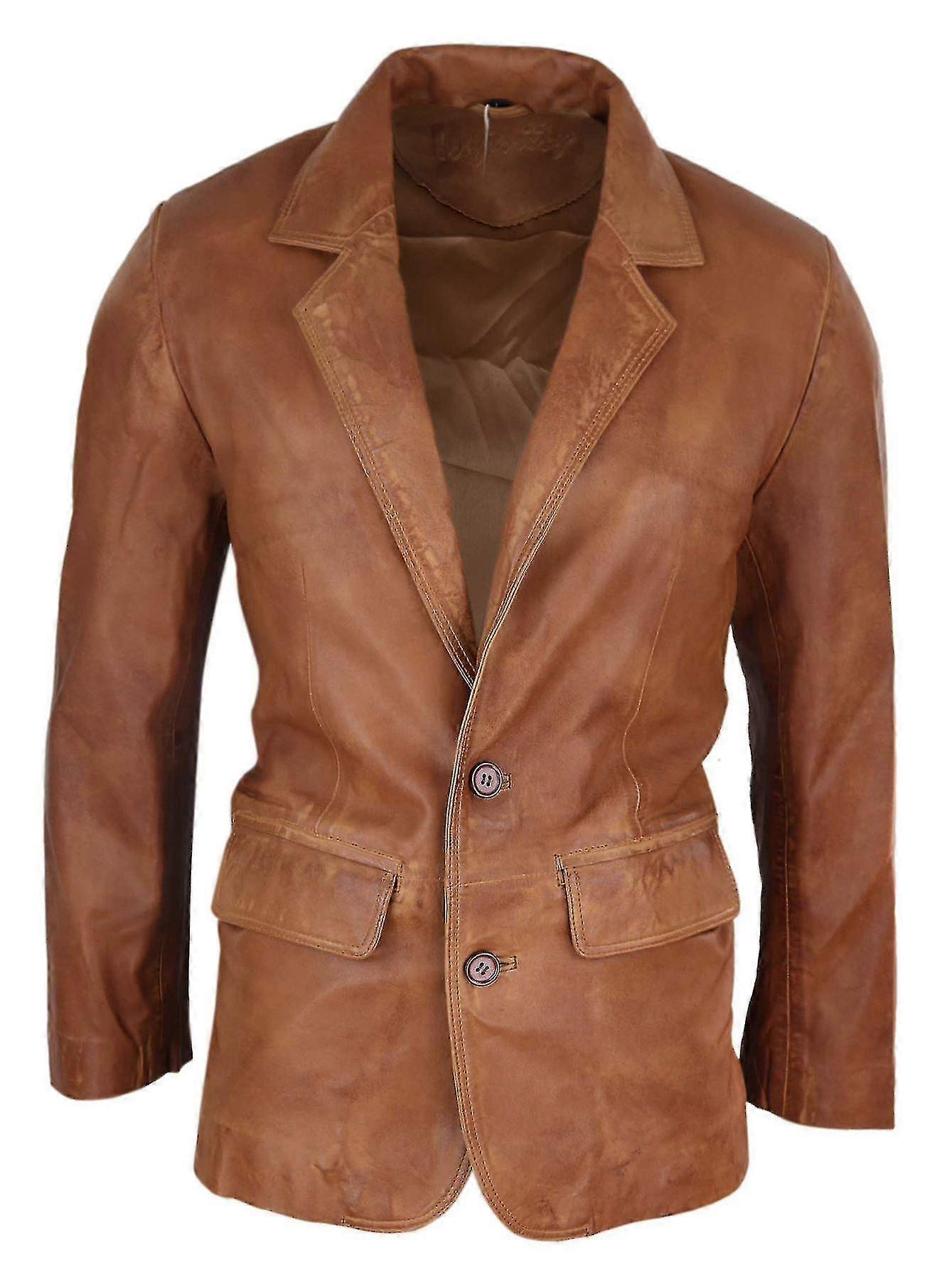Herren Regular Fit Classic Echtleder 2 Knöpfe Blazerjacke Vintage-PPD