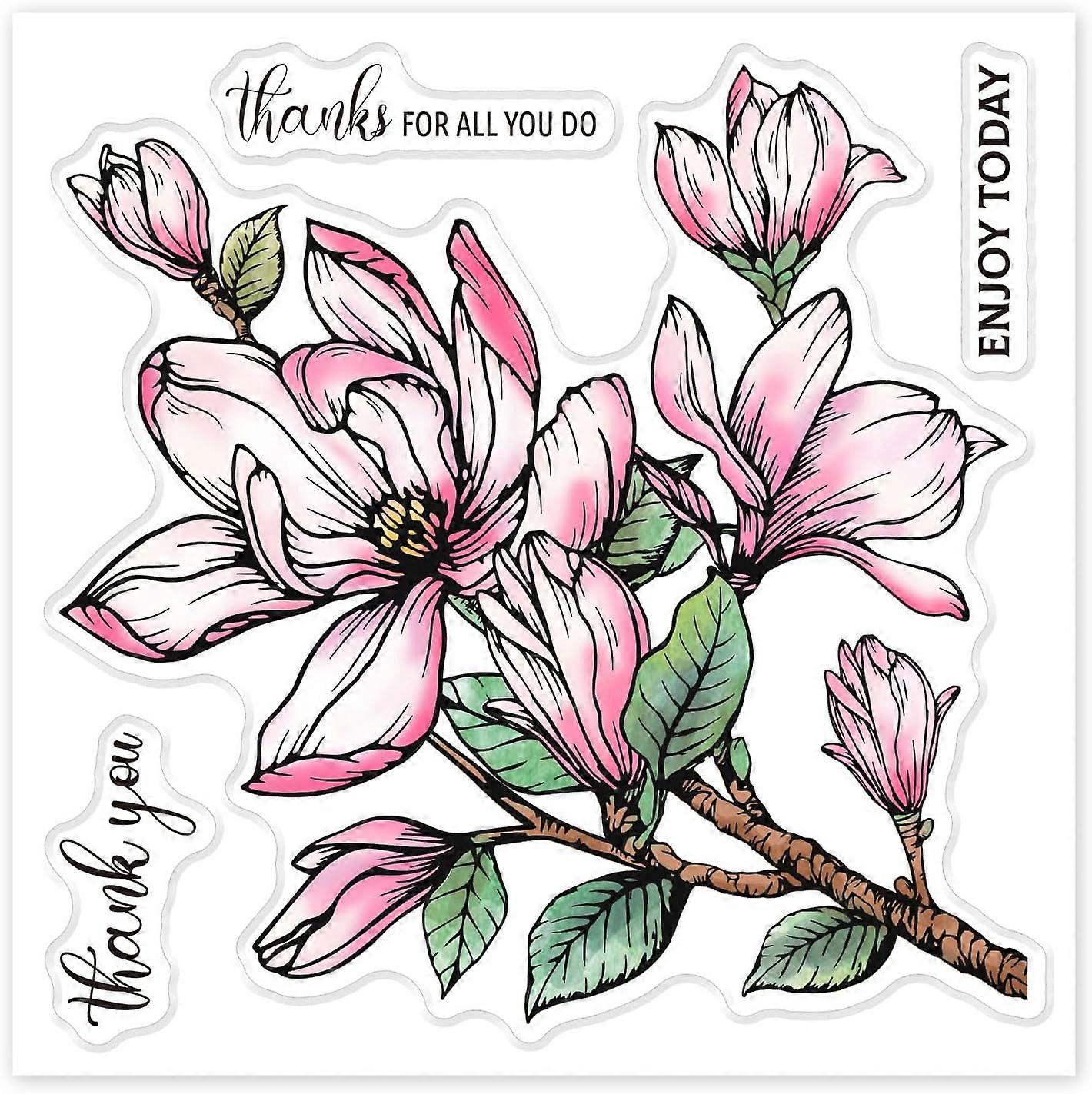 Magnolia Plants Clear Stamps Flower Embossing Stamp Sheets Silicone Text Clear Stamps Seal for DIY Scrapbooking and Card Making Paper Craft Decor (Col