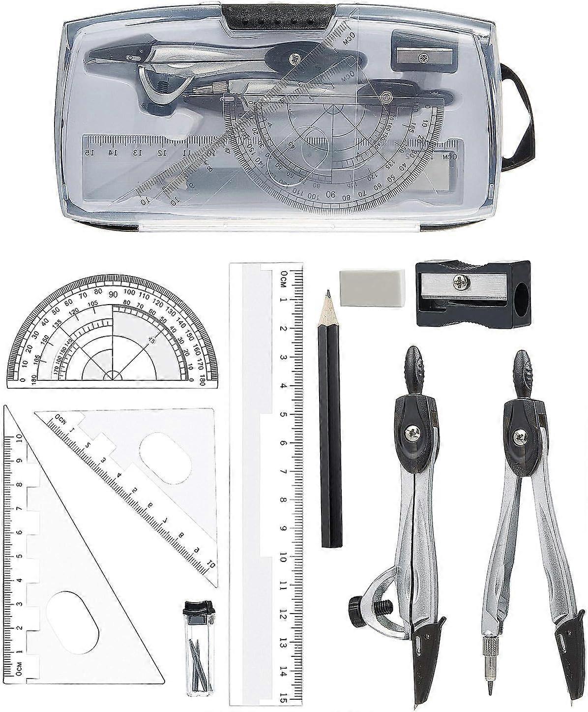10 Piece Geometry Set - Ruler Protractor Compass Pencil Graphite Refills