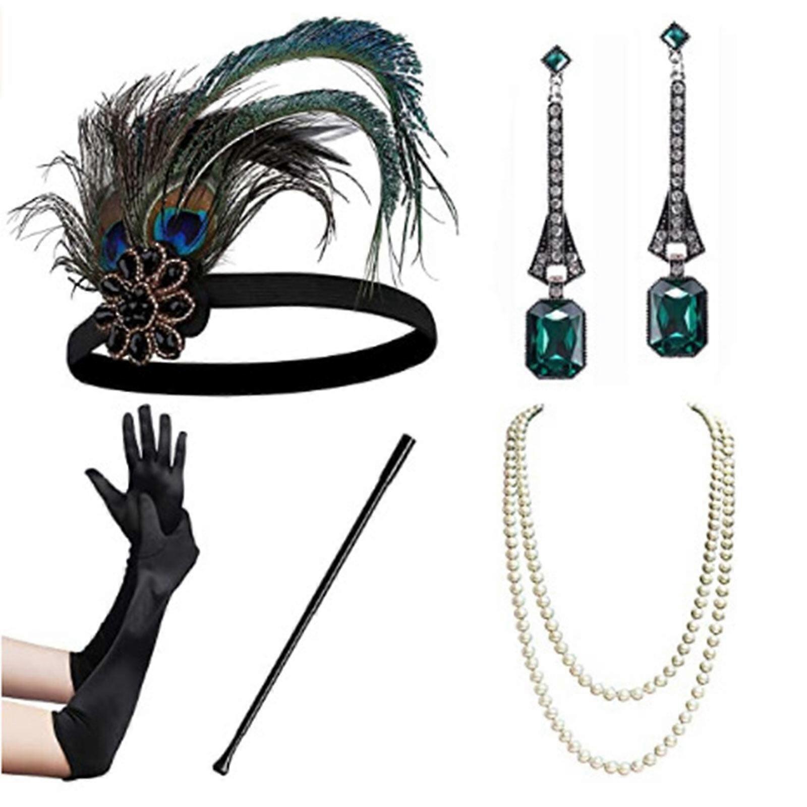 1920-luvun flapper Gatsby pukutarvikkeet setti 20-luvun läppäpääpanta helmikaulakoru käsineet pidike