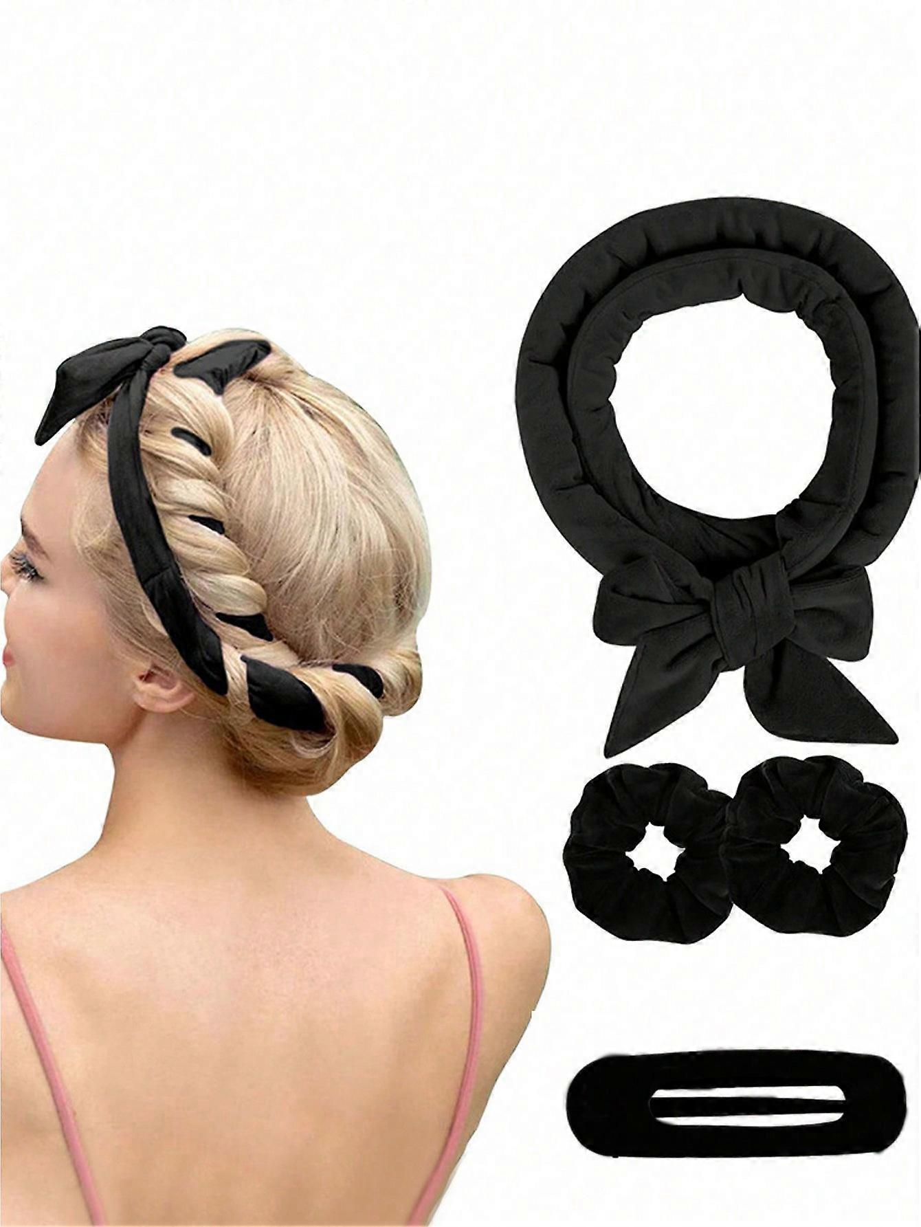 3ピース/セットレディースブラックボウノットスラウチーヒートレスヘアカーラー、スリープヘアローラー、ヘアバンド、日常使用に適した大ウェーブヘアスタイリングツール、ヘアA