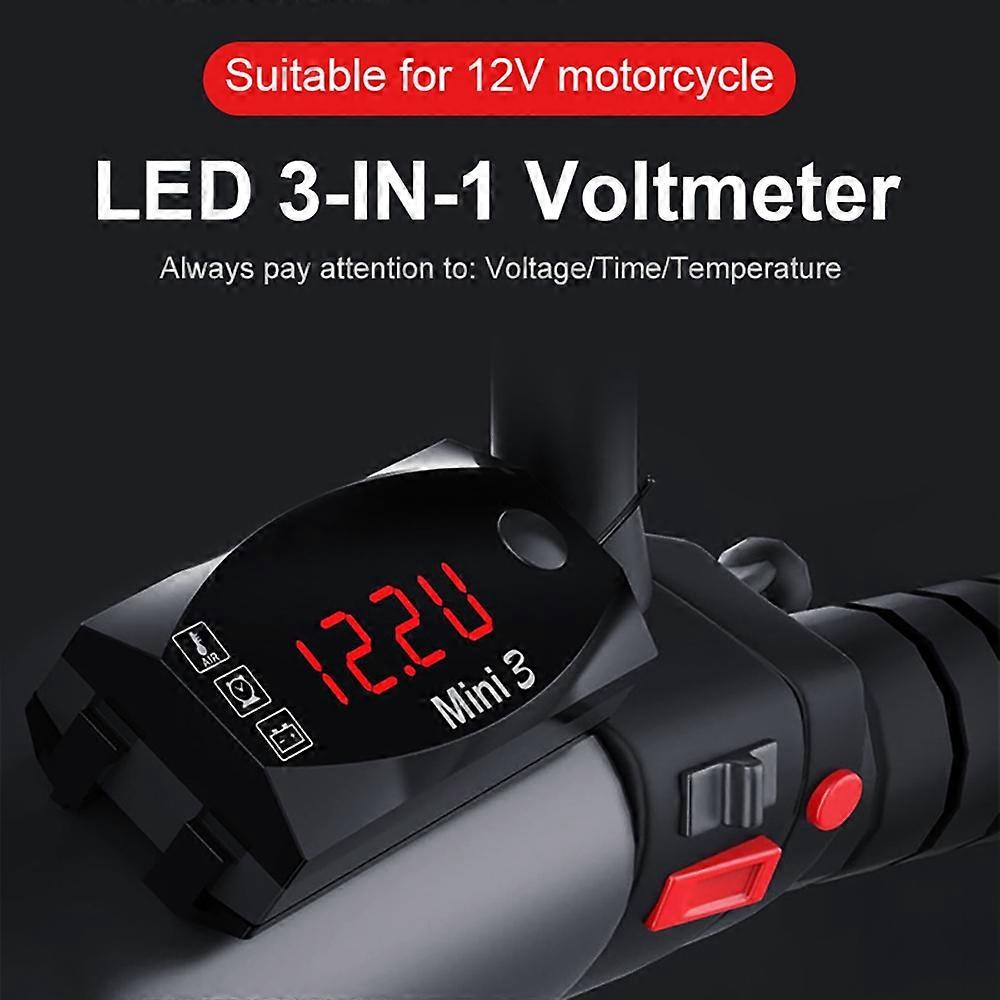 3 in 1 Motorcycle Meter LED Digital Time Clock Thermometer Voltage Voltmeter Waterproof Battery Moni