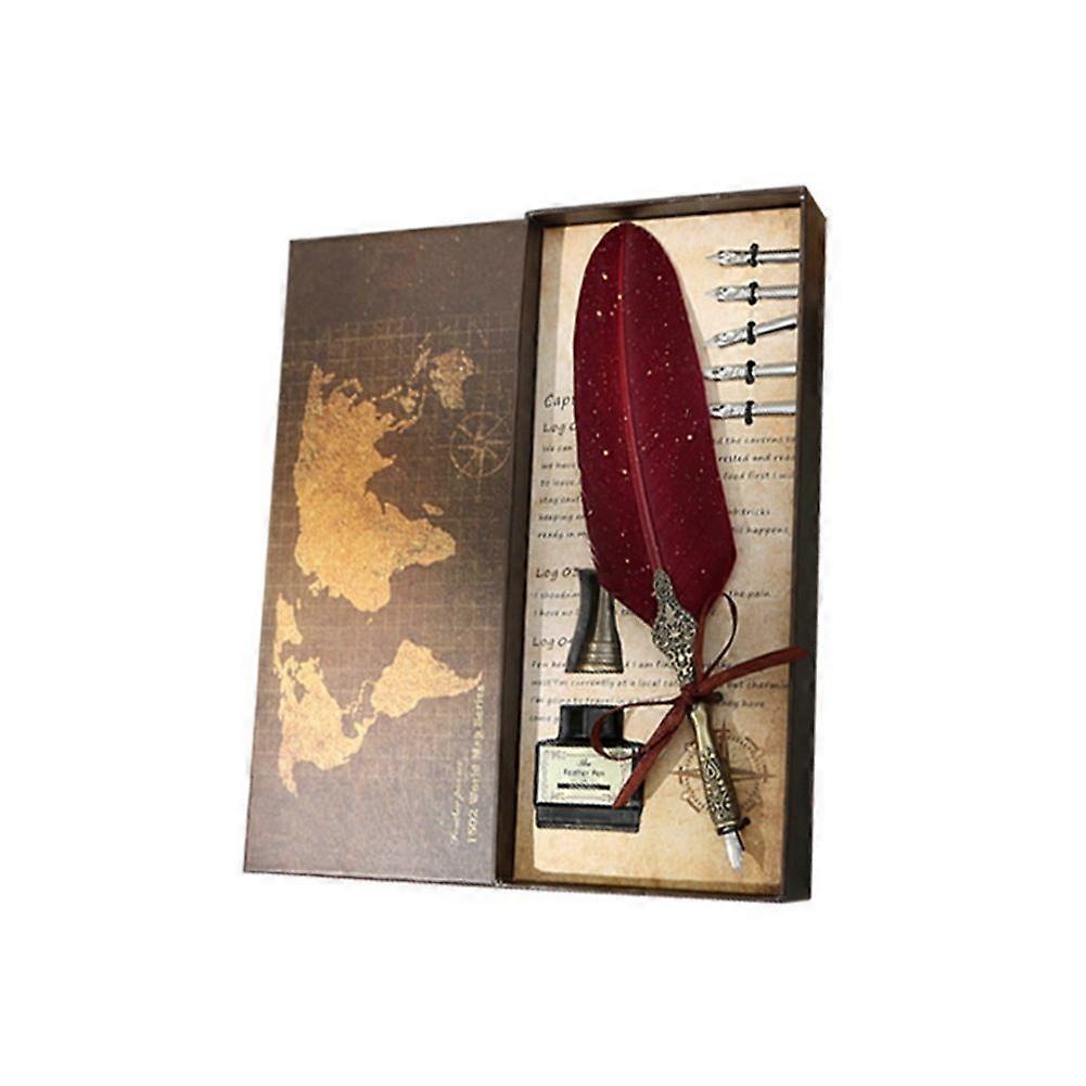 Pen and Ink Set Vintage Quill Dip Pen Writing Ink Nibs Kit Calligraphy Set Gifts for Beginners (Red)