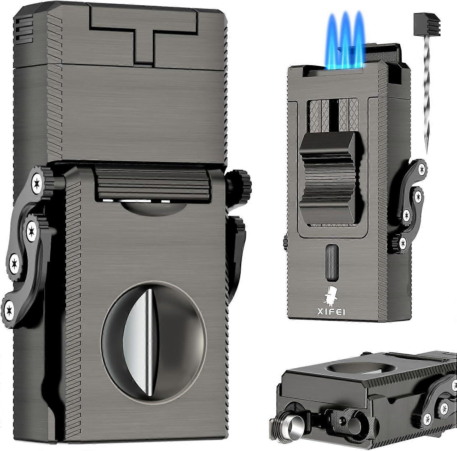 Triple Jet Torch Lighter, 5-in-1 Men's Gift with Built-in Cigar Punch, Holder, Draw Enhancer, Foldable V-Cut Cutter, Windproof and Refillable