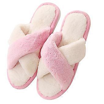1Paar Herfst Winter Katoen Thuis Vrouwen Pantoffels met Kruisboog Anti-slip Binnenschoenen Wit+Roze