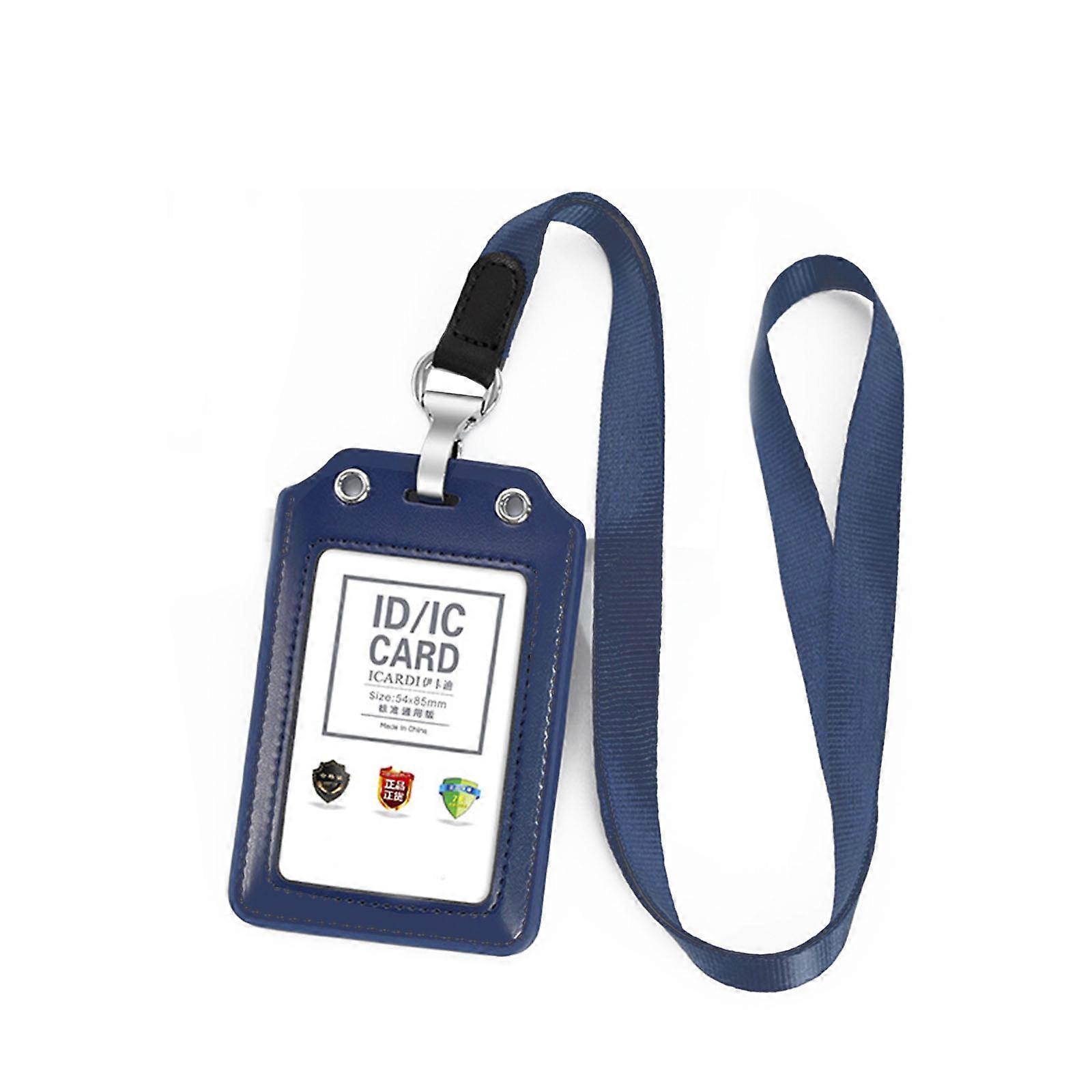 תג מחזיק כרטיס אשראי עסקי עור PU עם רצועת צוואר שרוך ברור חלון כרטיסים אחסון כחול