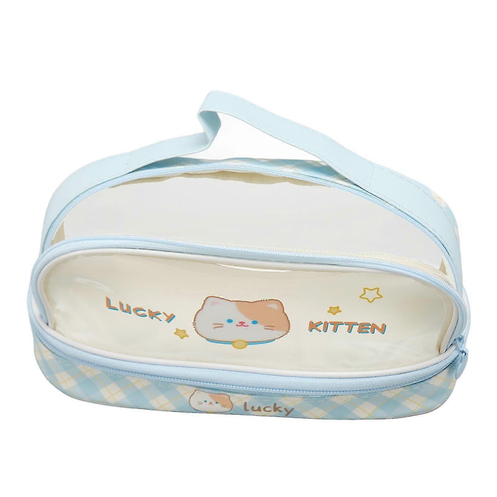 Large Pencil Case Cute Transparent Double Tier Handle Design Durable PU PVE Pencil Bag for Office School Travel Blue Kitten