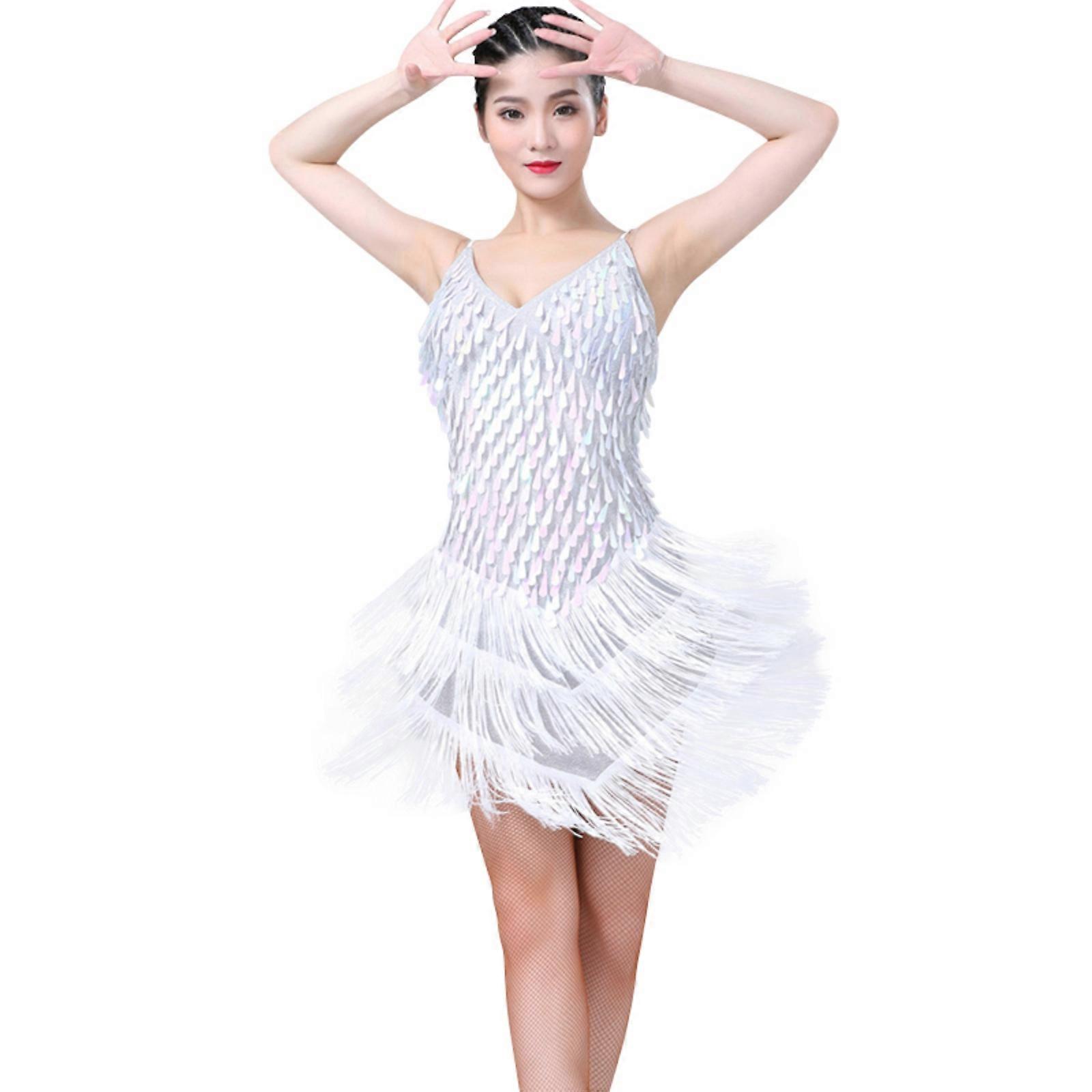 Women's Spaghetti Straps Sparkling Sequins Gowns Rhythm Ballroom Salsa Samba Rumba Tango Latin Dance Dress