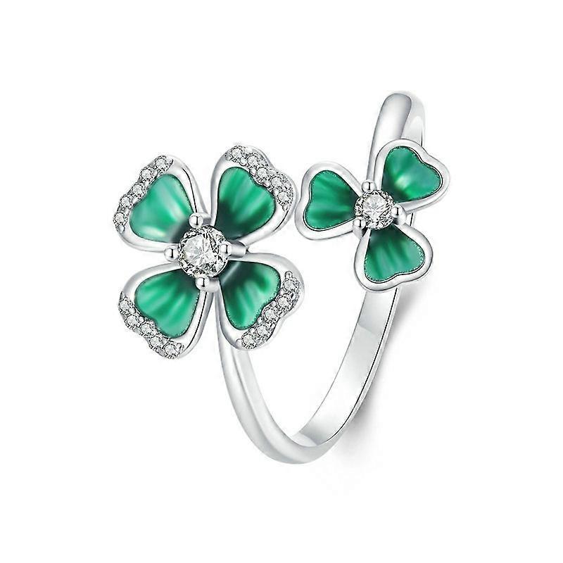 S925 Sterling Silver Platinum Plated Lucky Four-leaf Clover Open Adjustable Ring BSR528-E