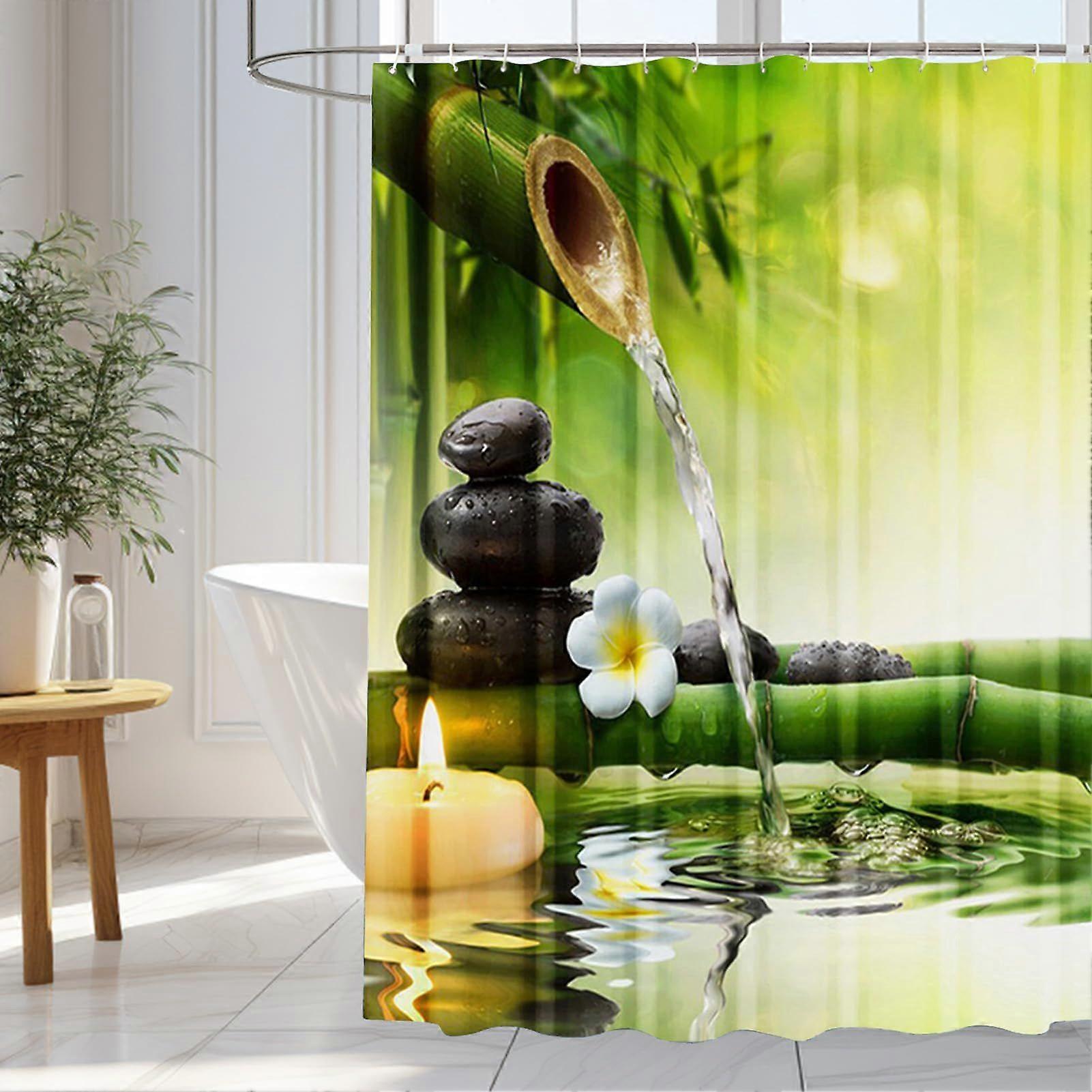 Bamboo Shower Curtain with Flamingo and Avocado, Waterproof, Mildew Resistant, Washable, Polyester Fabric, with 12 Hooks.