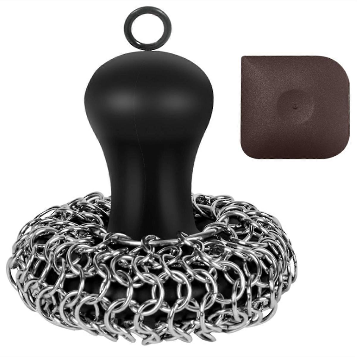 Cast Iron Cleaner Chainmail Scrubber, Upgraded Handle Cast Iron Scrubber Brush 316 Chain Mail Scrubber