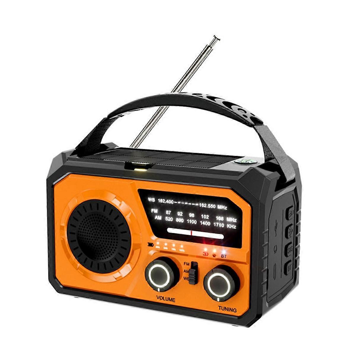 Radio météo d'urgence 16 000 mAh, alimentée par énergie solaire et à manivelle, orange