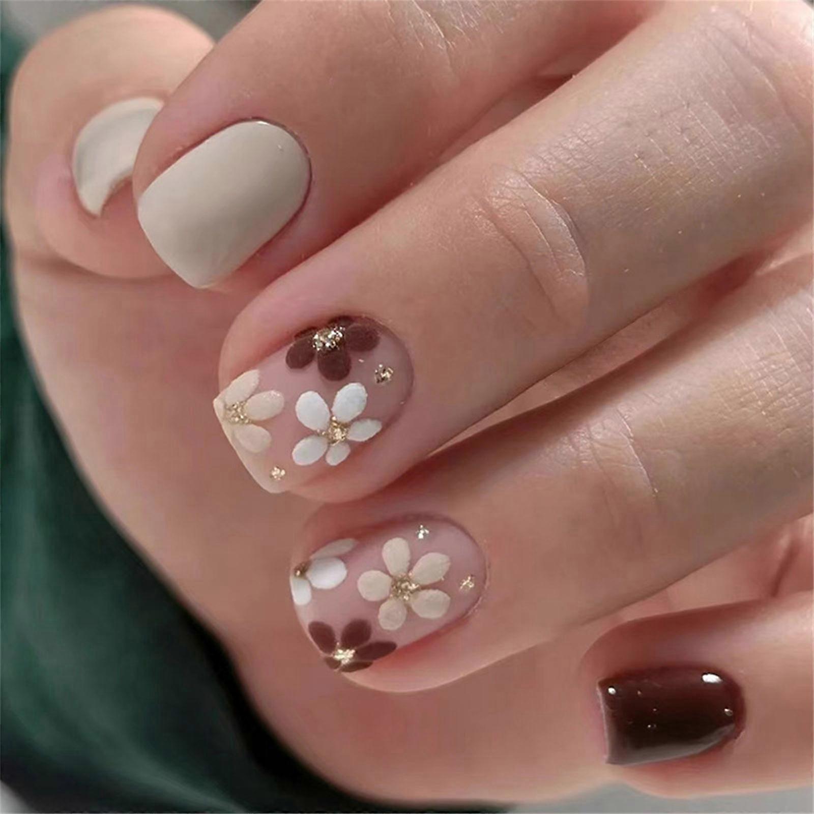 Pegamentos de uñas postizas de punta francesa de presión cuadrada en uñas artificiales de flores de uñas