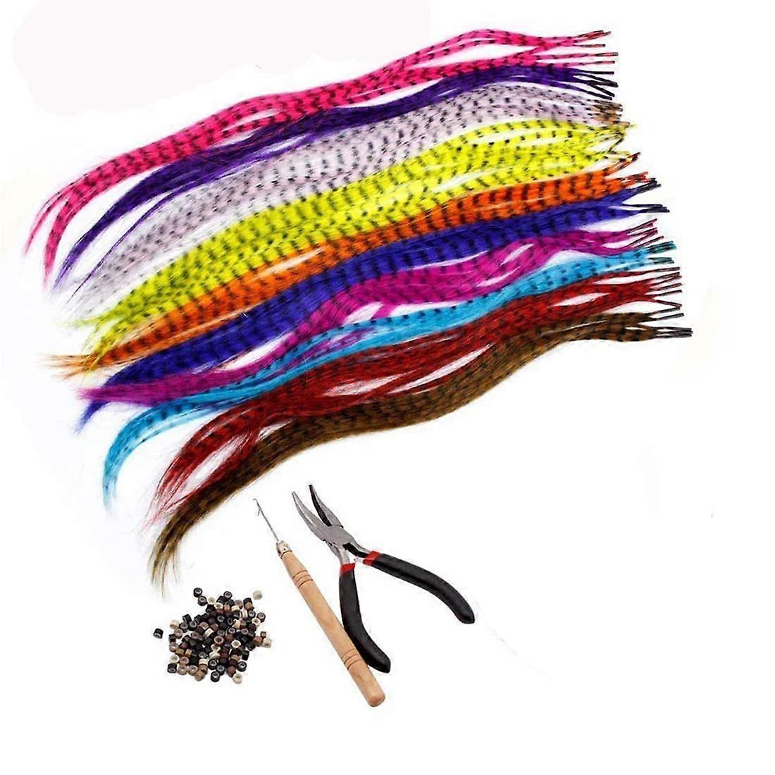 Feather Hair Extension Kit With Synthetic Feathers, 100 Beads, Pliers And Hook Included, 50-Feather Pack