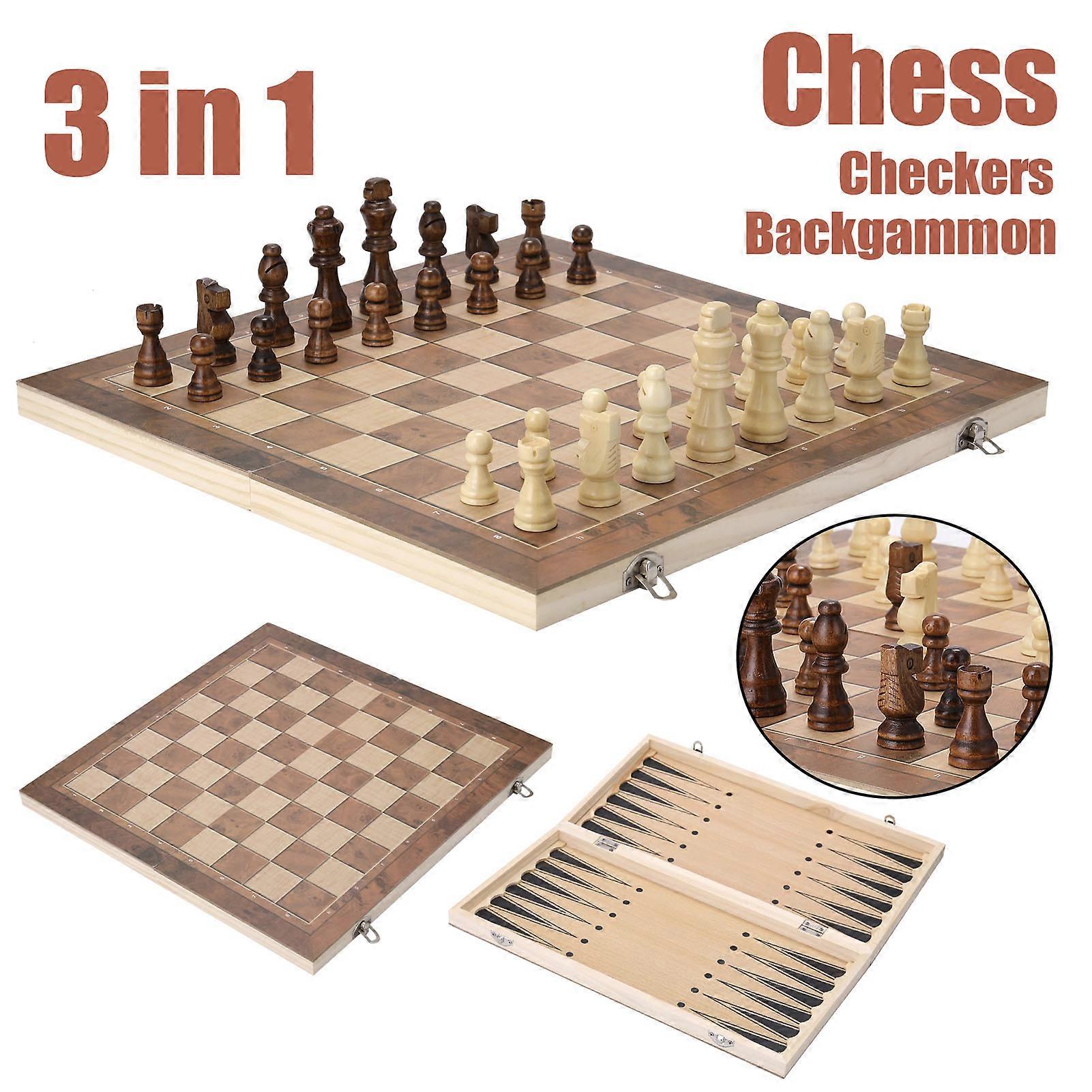 3 in 1 Wooden Folding Chess Board Set Checkers Backgammon Game Multifunction Puzzle Chess 9.4x9.4in for Kids Adults