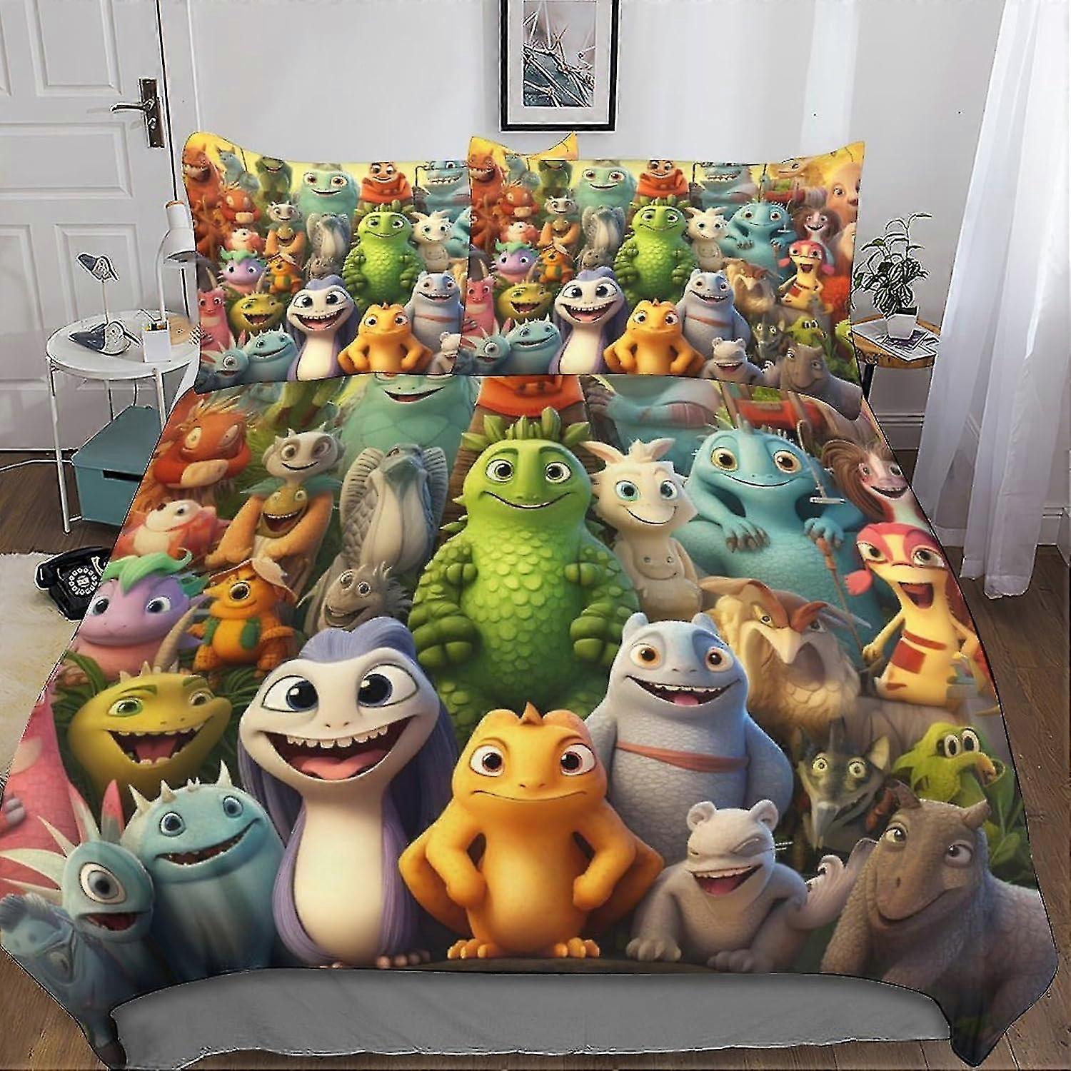 Soft Microfiber Bedding Set with 3D Print Cartoon Characters, Duvet Cover & Pillowcase with Zipper Closure, Suitable for Various Brands