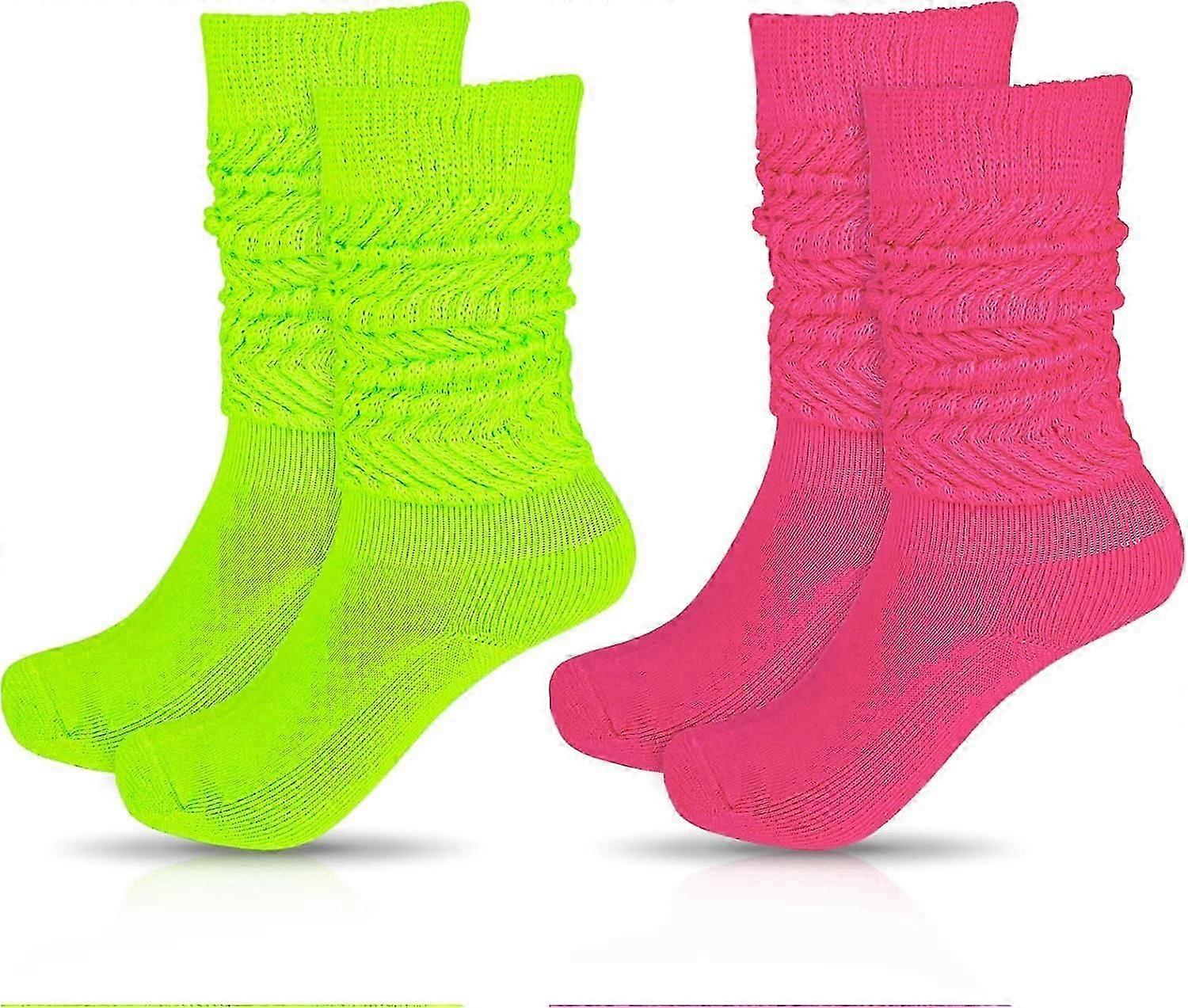 2 Pairs Knit Cotton Slouch Socks for Women Extra Long Scrunch Knee High Boot Socks Leg Warmers for 80s Party Streetwear Rose Red and Fluorescent Green