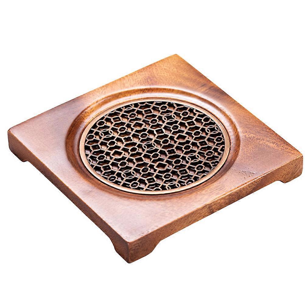 Wooden Teapot Holder with Hollow Metal Plate Design for Home Use Coffee Color 1 Pc