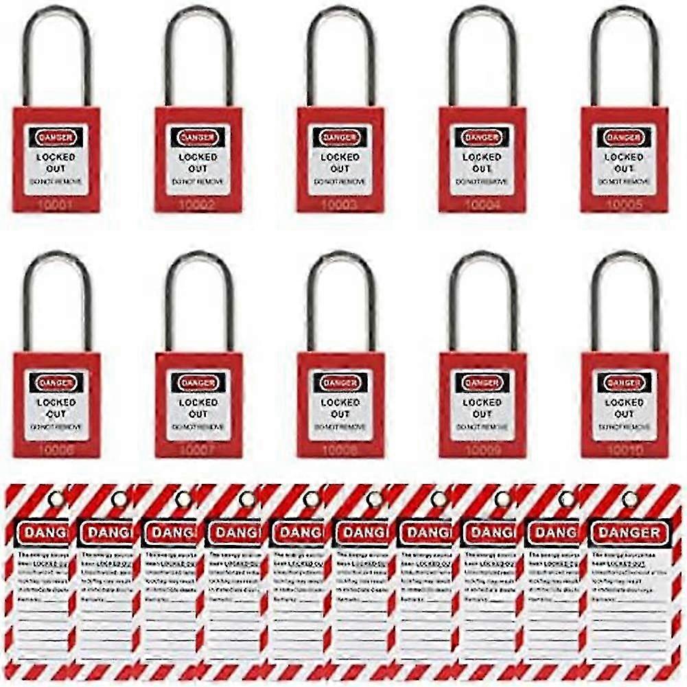 10 أقفال Tagout حمراء مع 10 علامات قفل ، أقفال أمان مختلفة ومتوافقة (أحمر ، مختلف بمفتاح) - في المخزون
