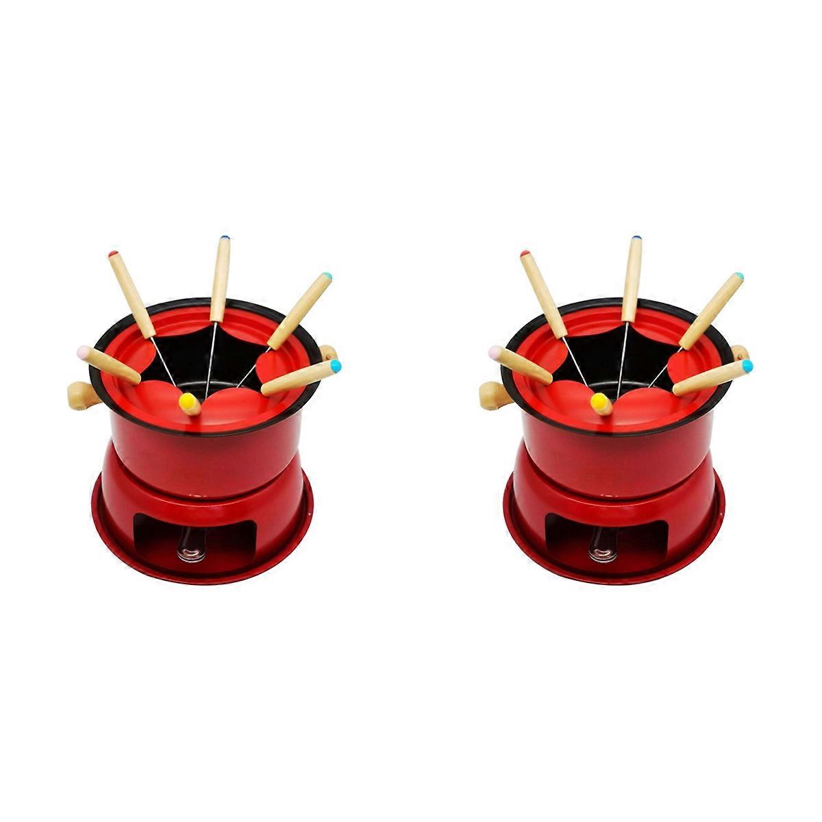 2X Red Mini Stainless Steel Fondue Pot Set Cheese Chocolate Fondue 6 Dipping Forks and Removable Pot