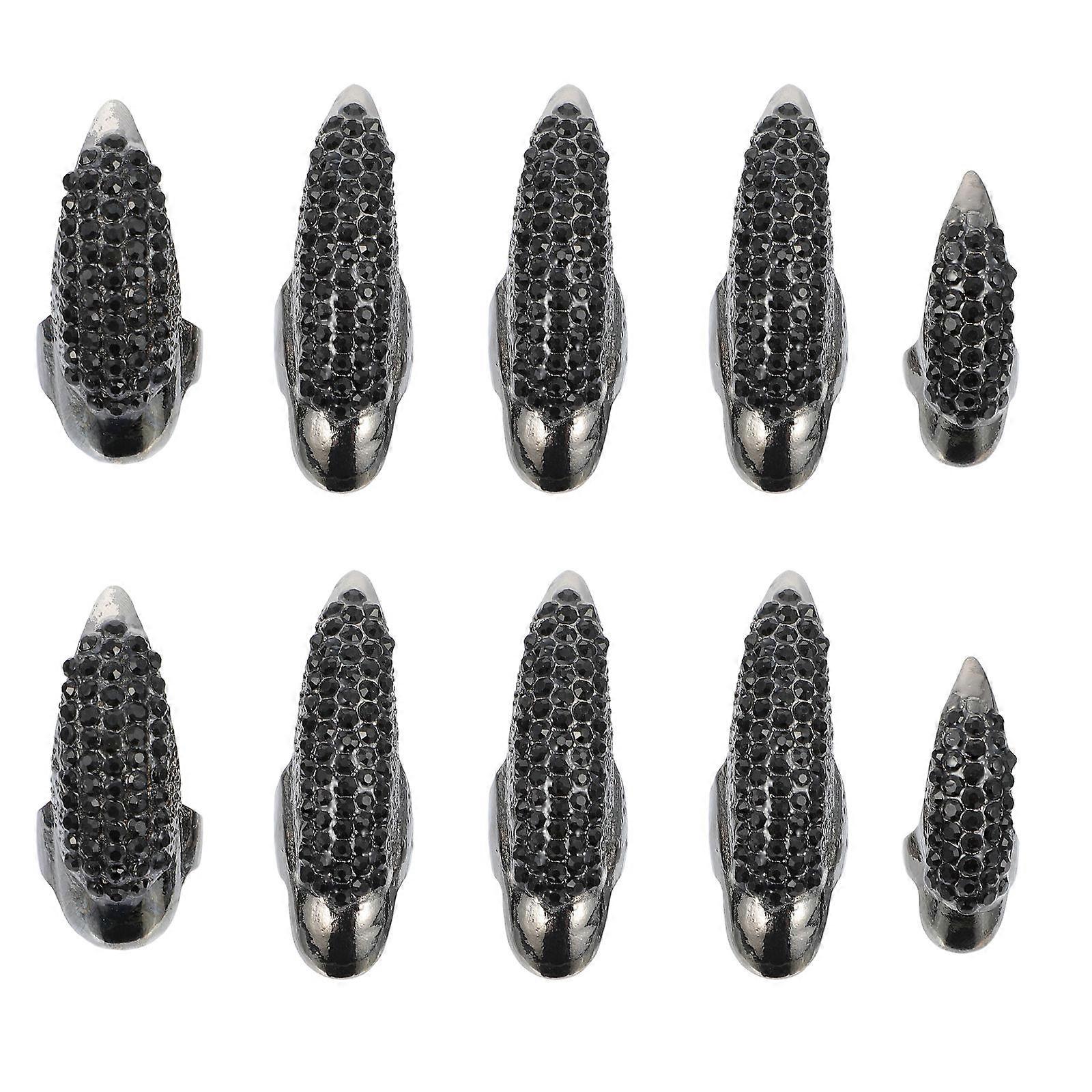 Finger Nail Tip Claw Halloween Props For Women 10 Pcs Black Rhinestones Gothic Punk Costume Accessory