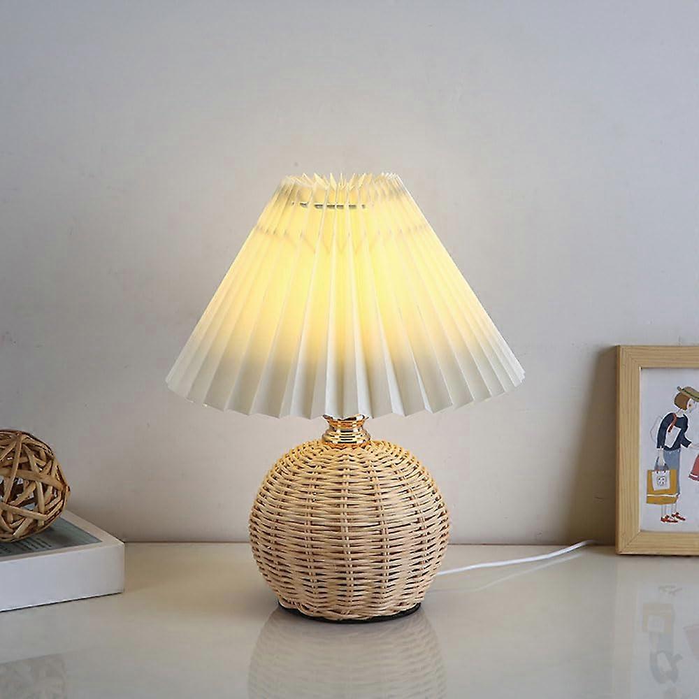 Nordic Rattan Table Lamp with Dimmer, Handwoven Nightstand Light for Bedroom and Living Room, Remote Control, Pleated Design
