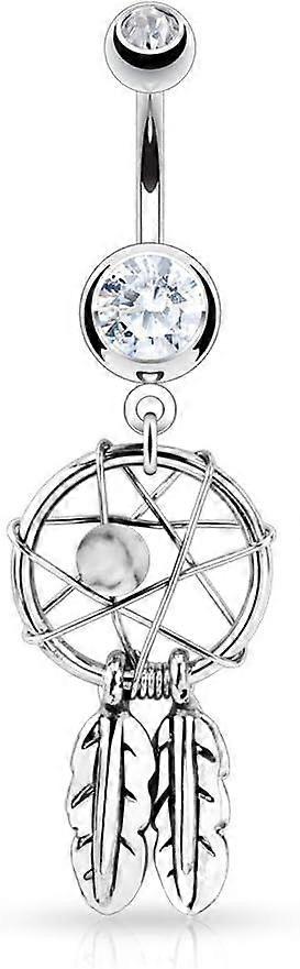 サージカルスチールダブルジュエルドリームキャッチャーフェザーダングルへそリング