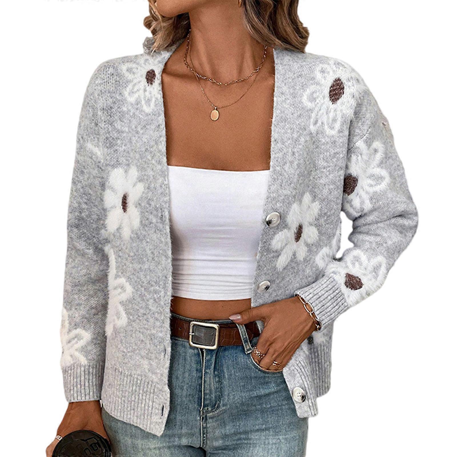 Blossomy Detail Button Front Sweater Womens Thin Polyester Weave Perfect For Layering And Fashion  Light gray XL