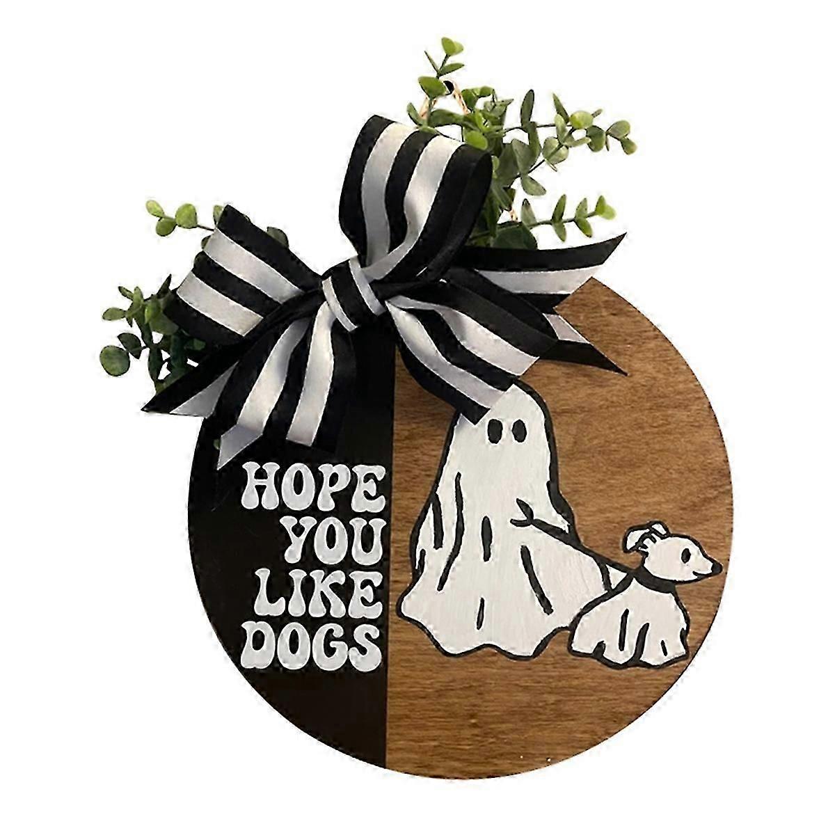 Halloween Dog Wreath for Front Door Decoration, Holiday Country Funny Dog Wooden Door Hanger for Out