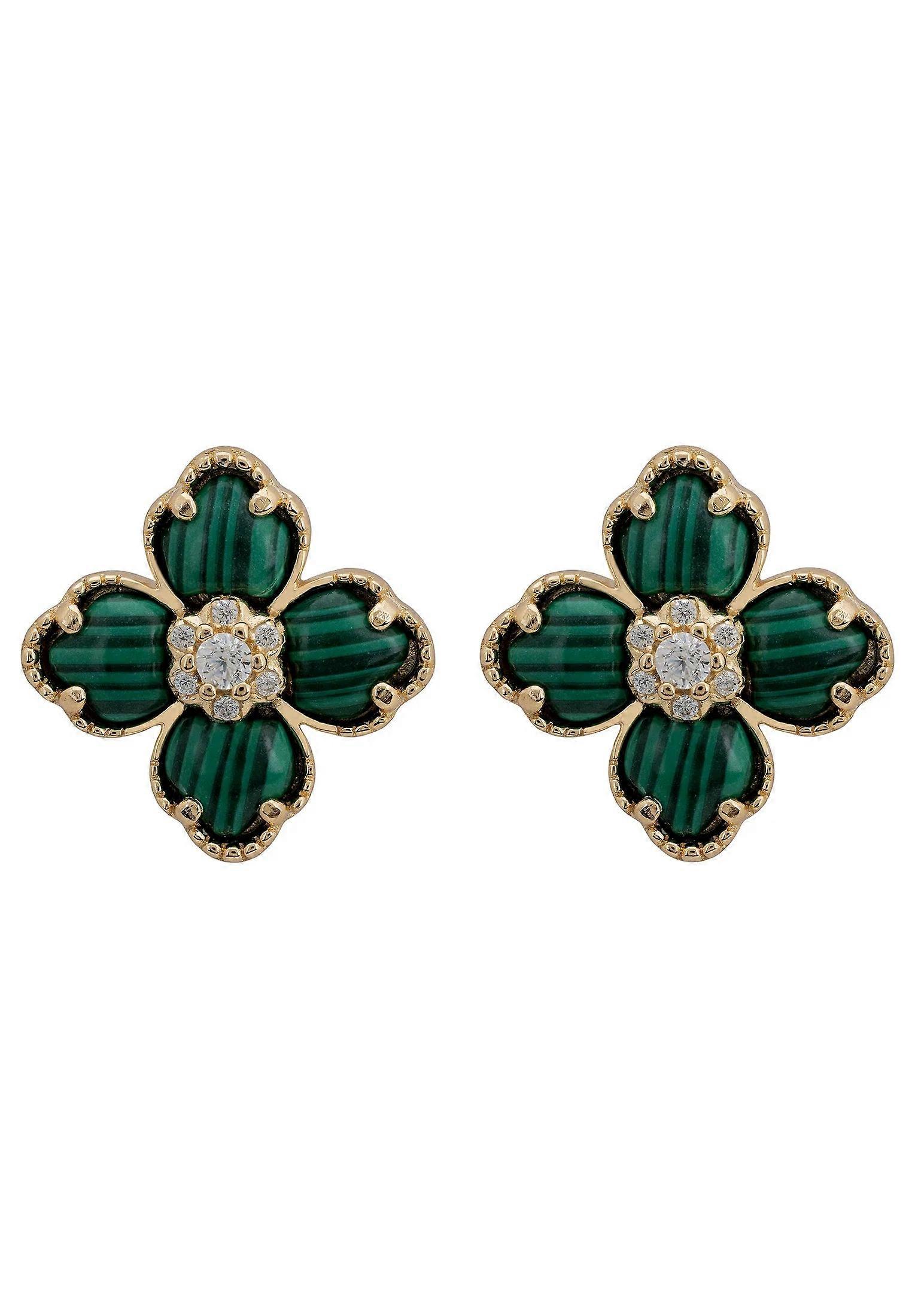 Latelita Flower Clover Stud Earrings in Gold - 925 Sterling Silver with Malachite and Zircons - Four-Leaf Clover Shape - Size: Unknown