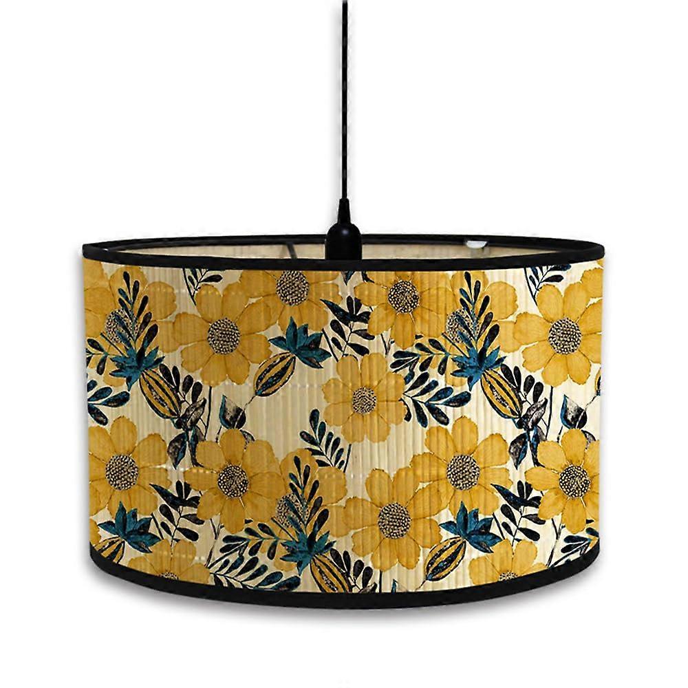 Round Lampshade For Table And Wall Lamps 30cm Bamboo Drum Shade With Vintage Floral Pattern Yellow
