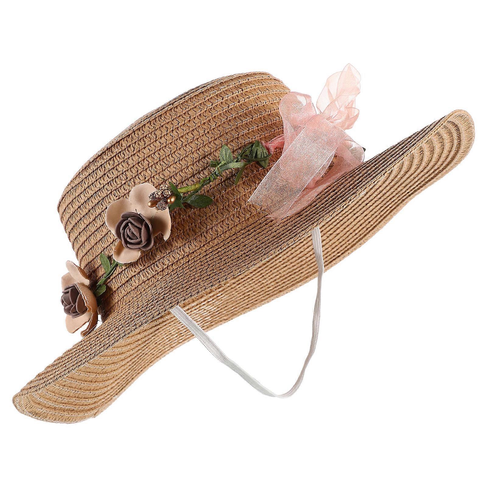 Ladies Artistic Design Flat Top Hat for Summer Outdoor Use in Khaki with Sun Protection Capability 1Set