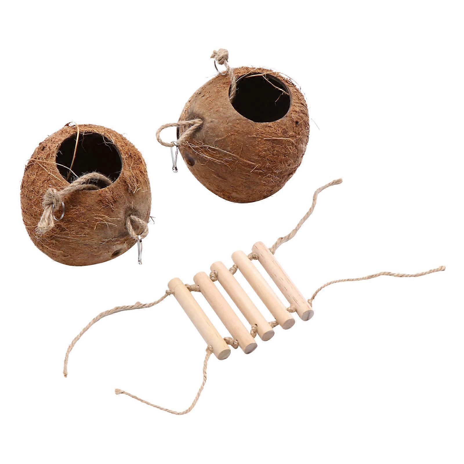 Bird Coconut Nest with Wood Ladder for Pet Cage Hanging Coconut Shell