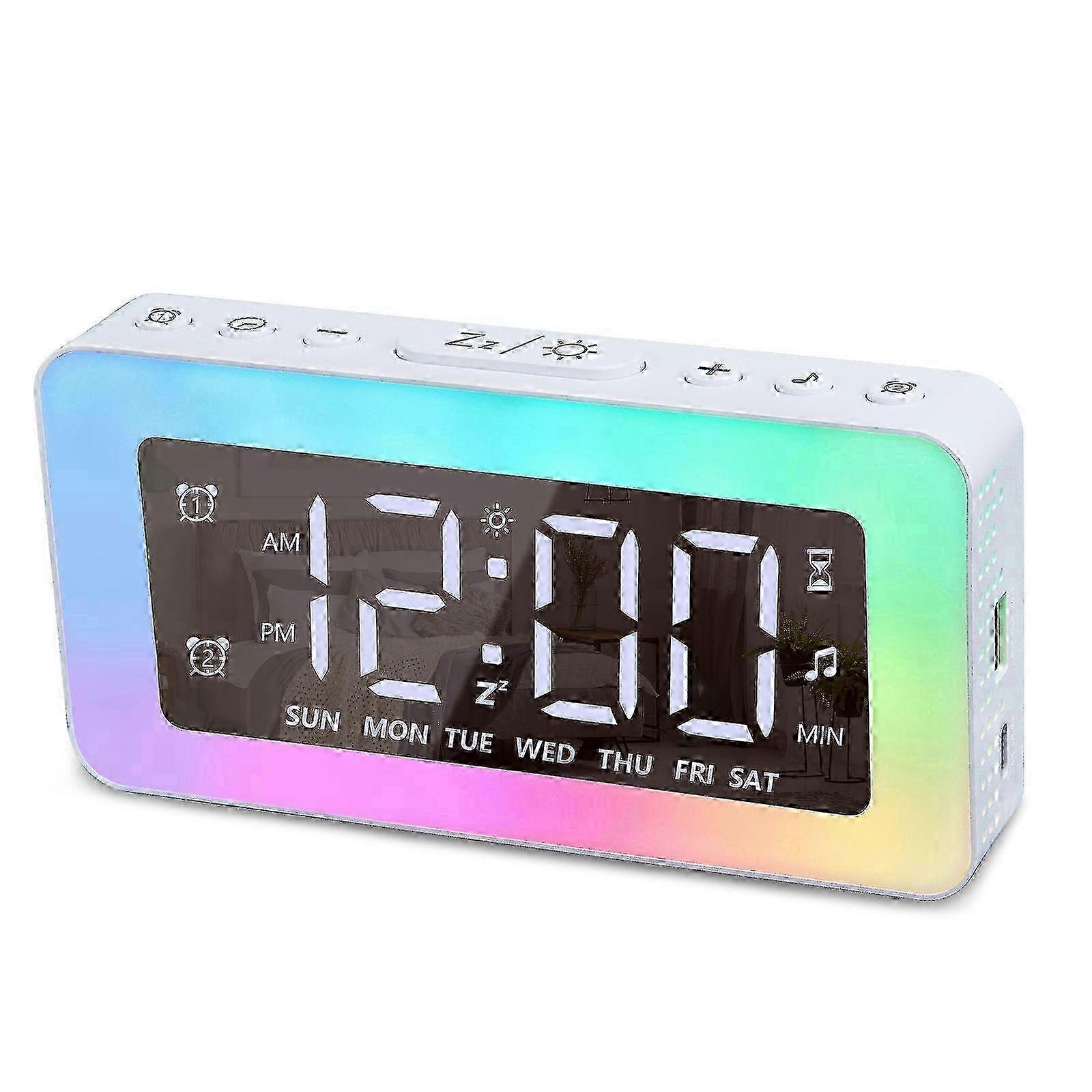 Color Changing LED Light Mirror Alarm Clock Built-in 8 Natural Music LED Light Mirror (White) miao8