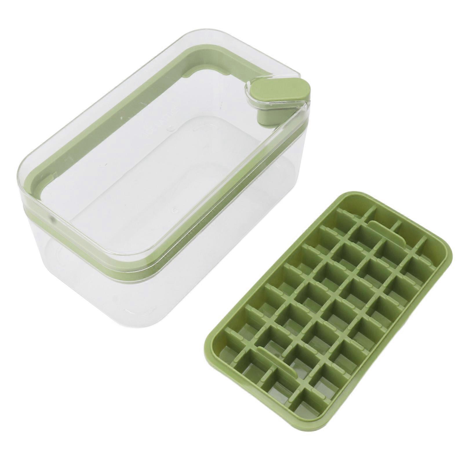 Easy Release Ice Cube Tray Plastic 32 Grids Ice Tray with Lid Bin Scoop for Freezer Green 