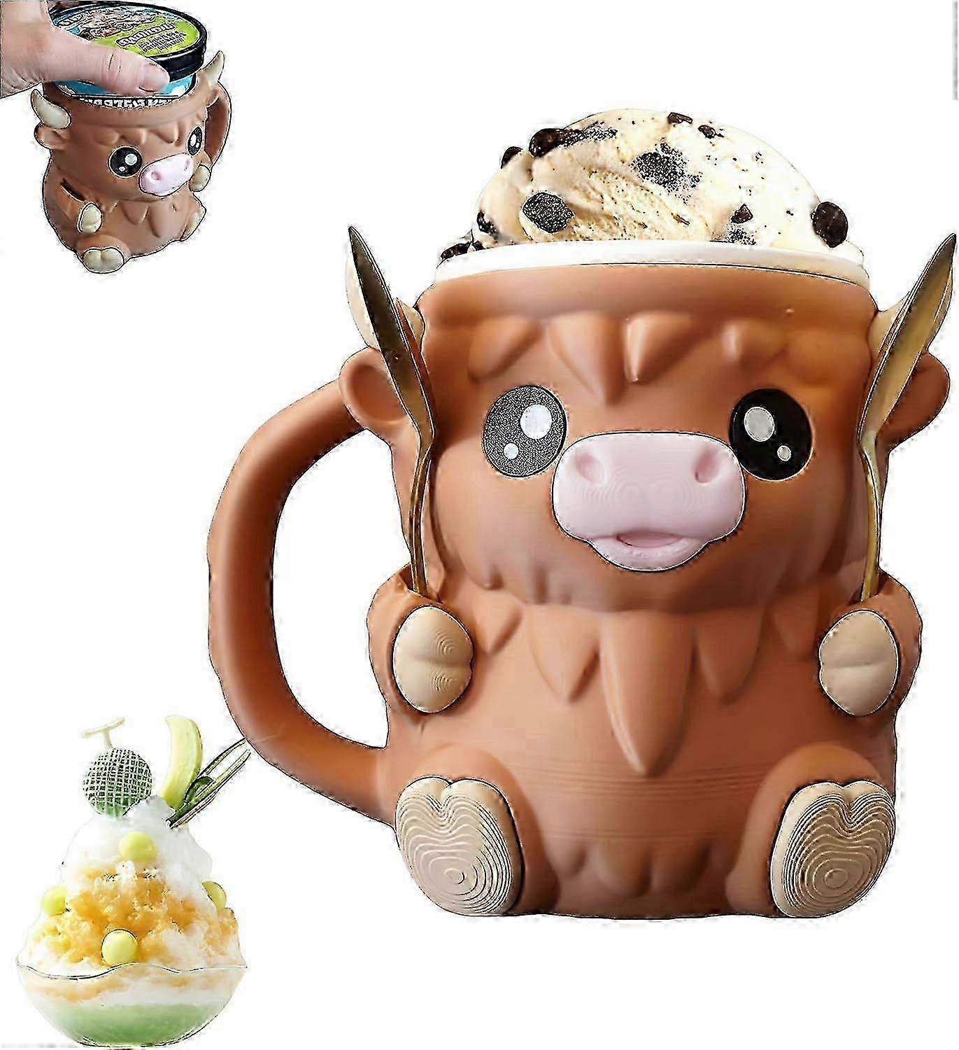 Porte-pinte de glace en forme de vache des Highlands, jolis contenants isothermes en forme d'animal avec cuillère et poignée, cadeaux pour vaches des Highlands