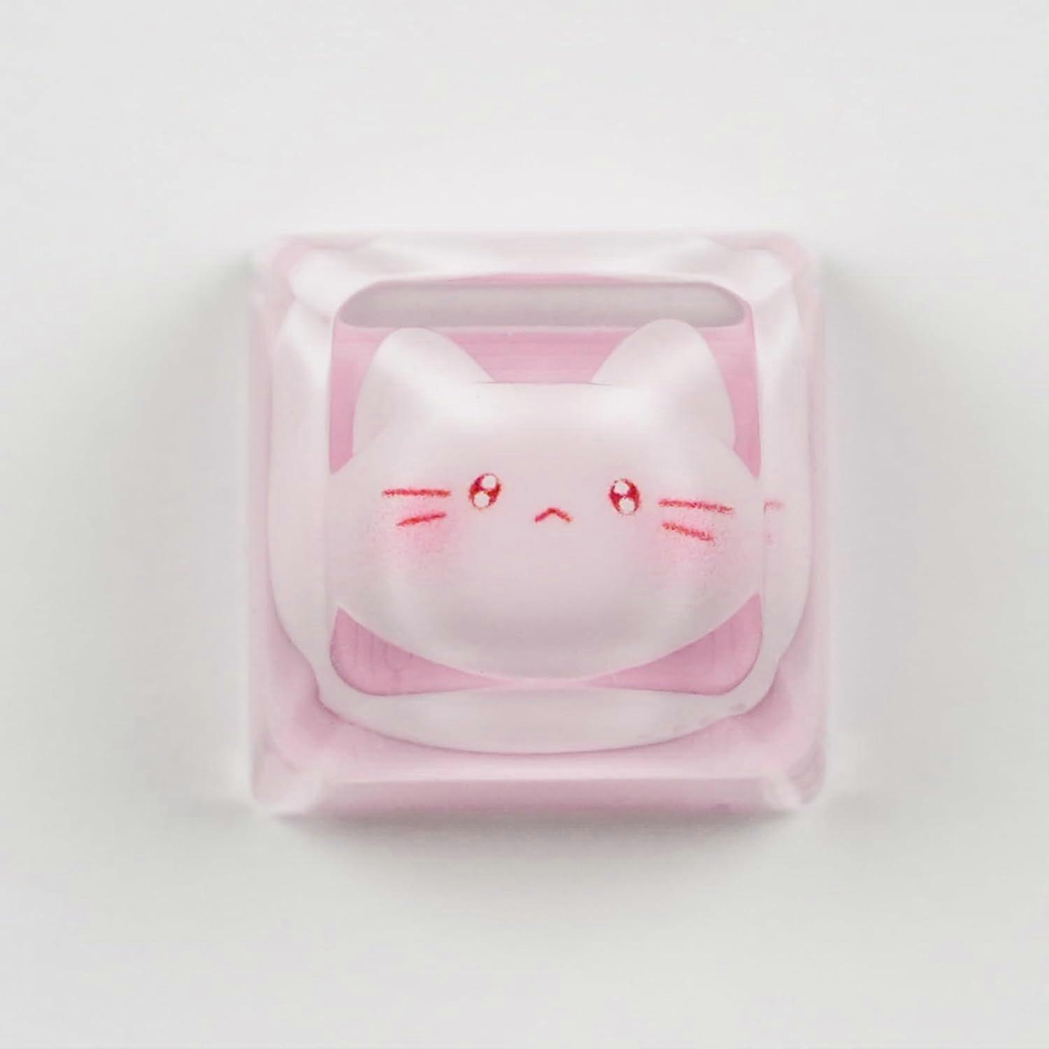 Artisan Keycaps, Pink Cat Design, 1U Resin Mechanical Keyboard Key, Shine Through Compatib